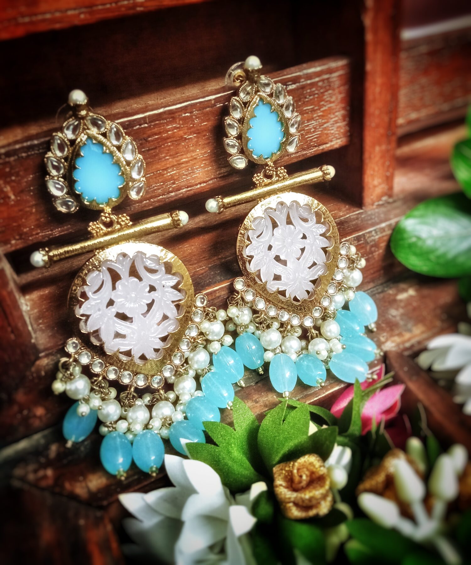 Ira Kundan Earrings (Aqua blue)