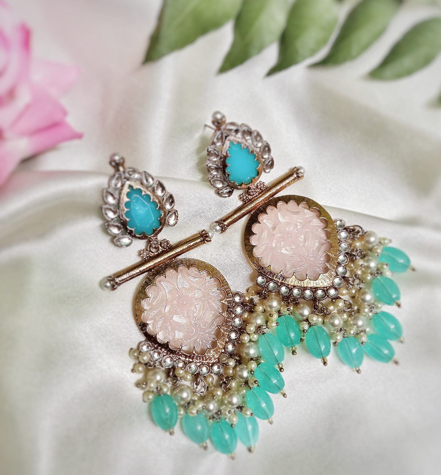 Ira Kundan Earrings (Aqua blue) - Image 2