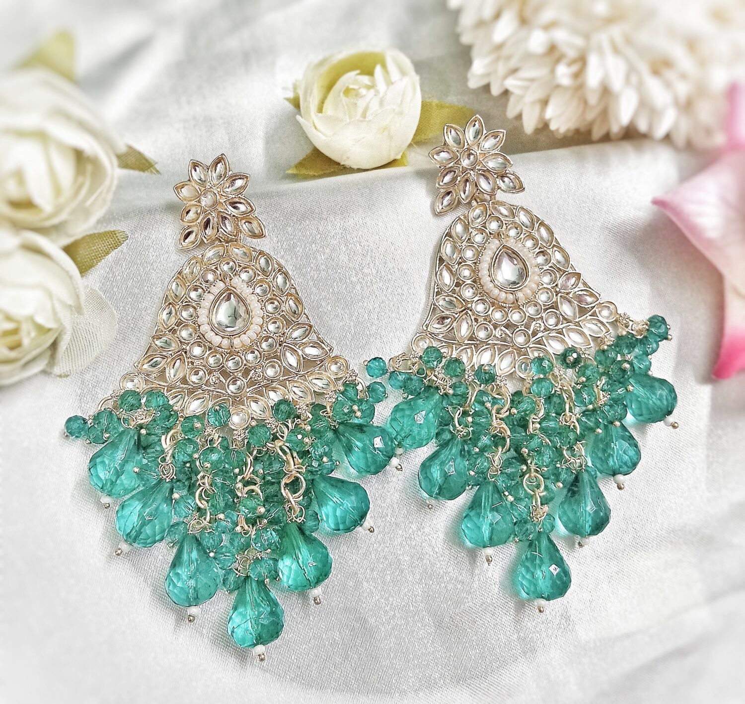 Kyra Kundan Earrings (Marine teal)