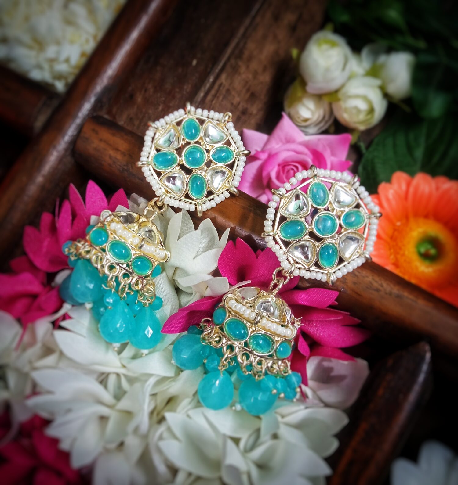 Noor Kundan Jhumki (Aqua Blue)